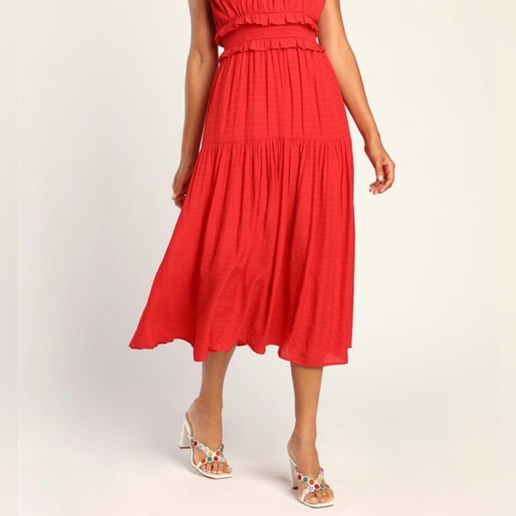 Lulu’s Strolling Santorini Red Tiered Smock Tie-Strap Midi Dress - Picture 3 of 7